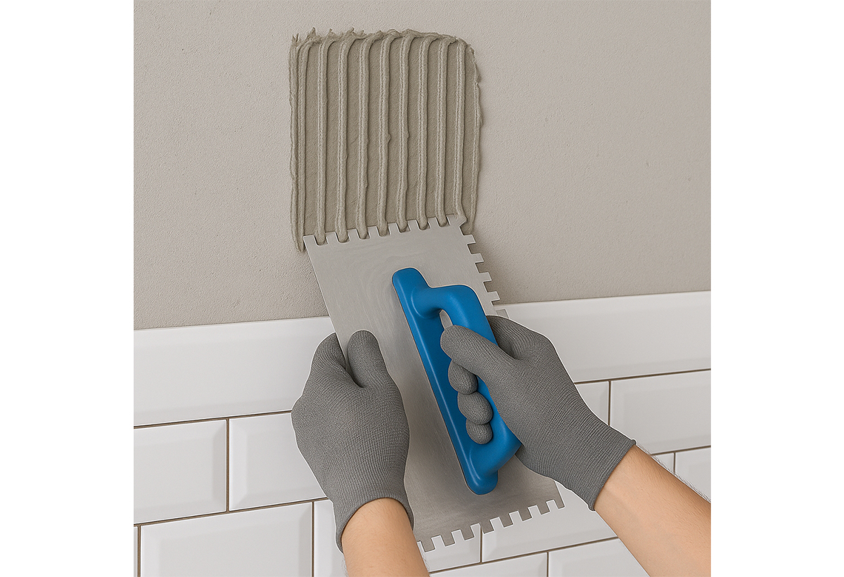 Απεικονίζεται εφαρμογή της κόλλας σε τοίχο με ειδικό εργαλείο.